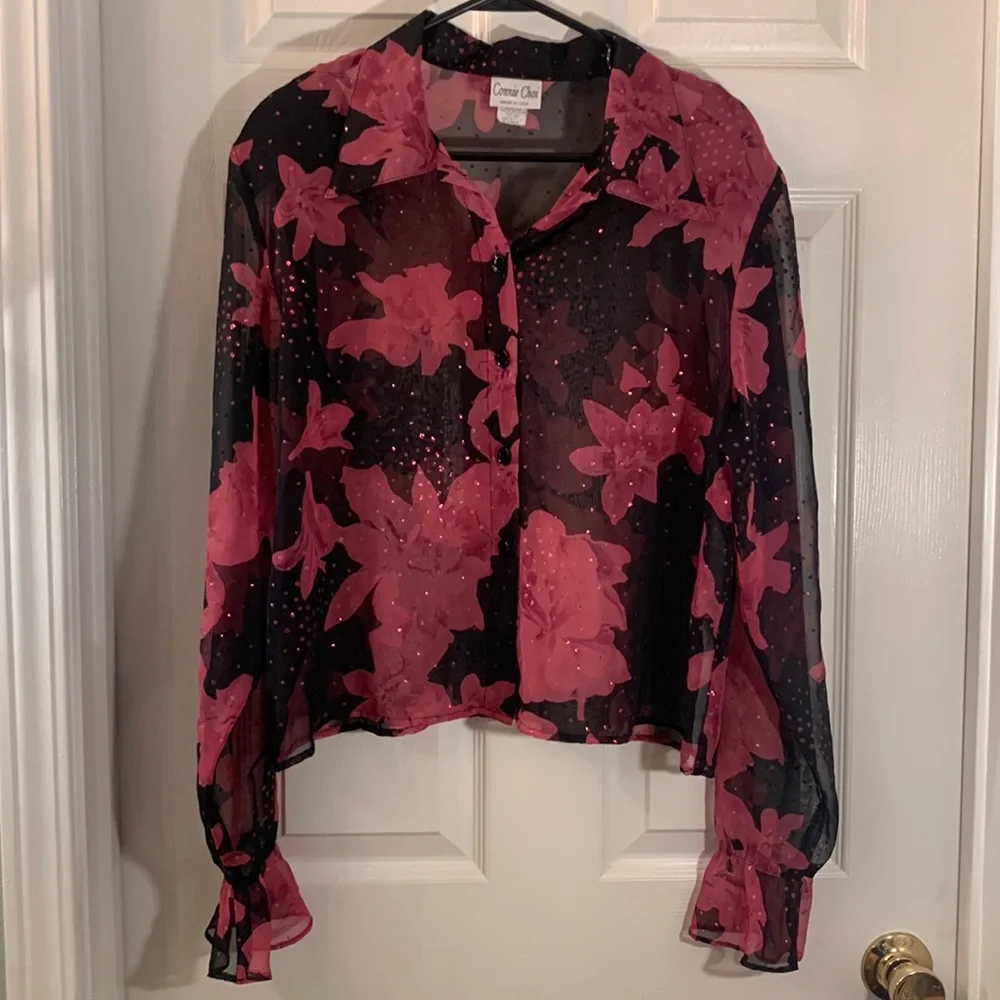Vintage Black and Pink Floral Connie Choi Sheer Blouse - Picture 3 of 16